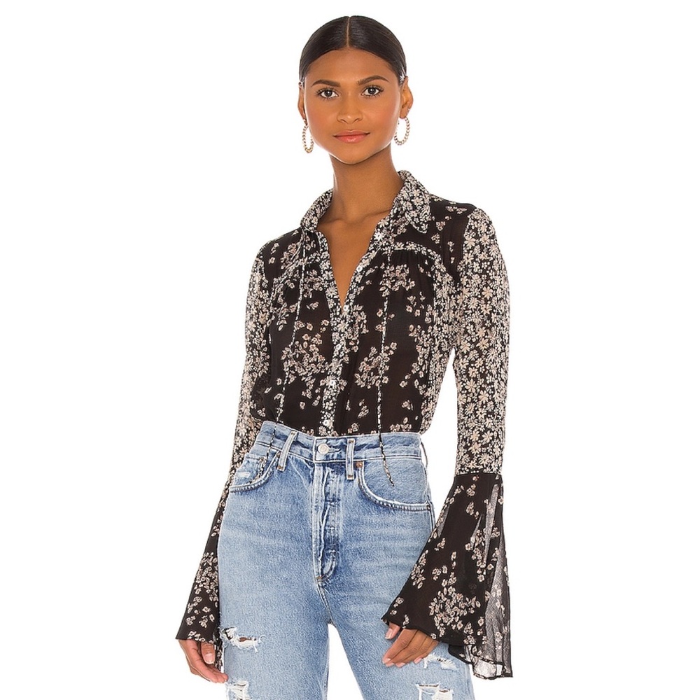 NWT Free People Serena Printed Blouse Black XS